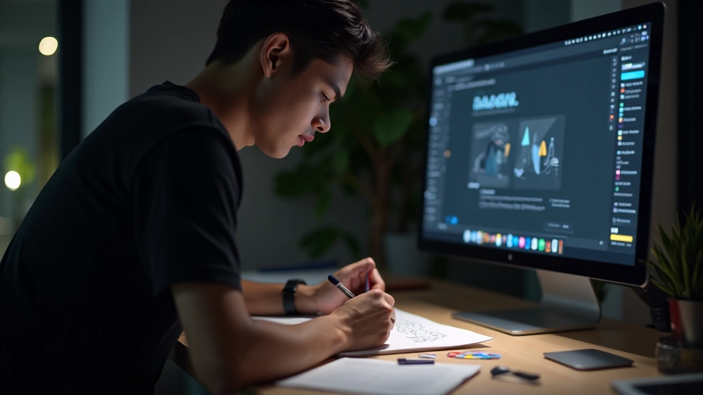 Designer at desk working on dark mode interface design with color palette and design tokens