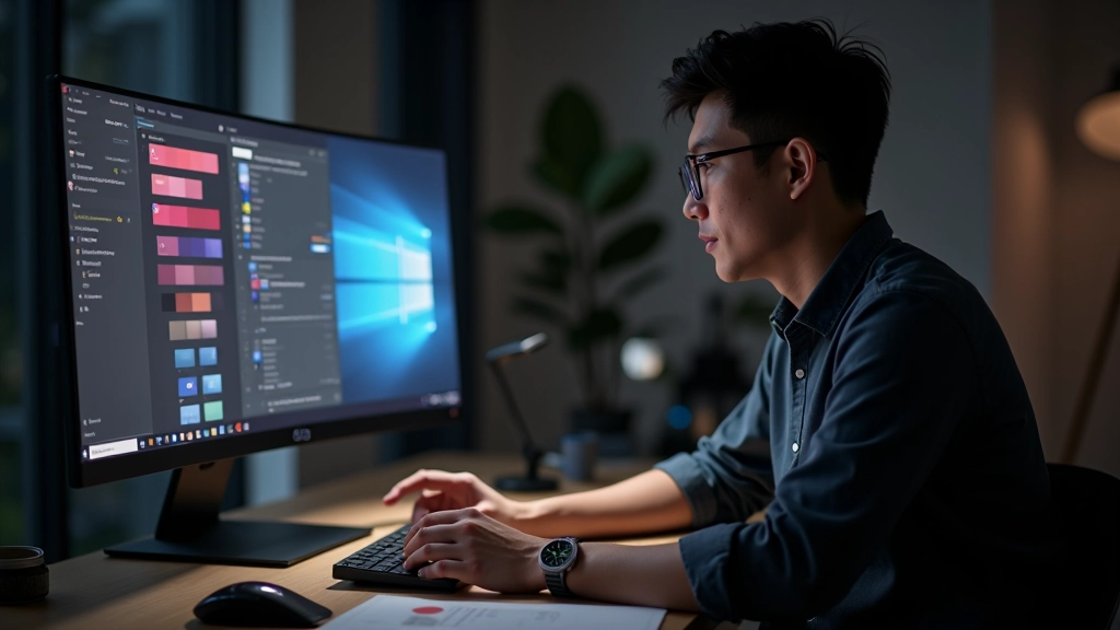 Designer comparing contrast levels between dark and light mode color samples on a large monitor