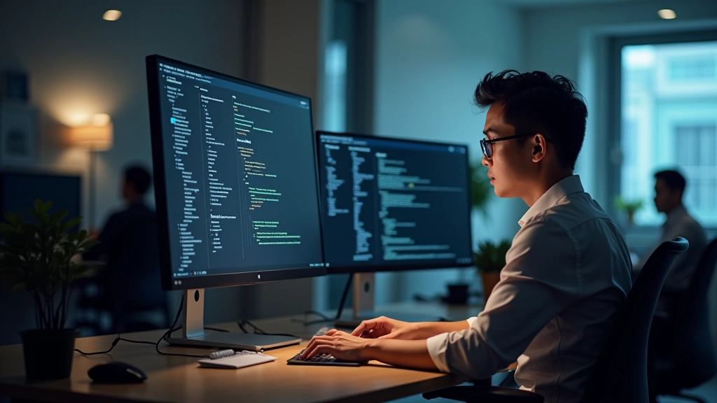 Modern dark mode interface design workspace with dual monitors and color palette tools