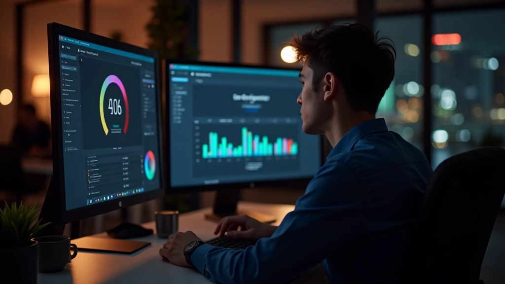 Designer adjusting dark mode colors on a dual-monitor setup in a modern workspace