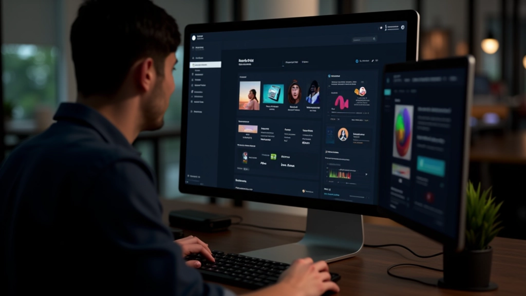 Dark mode design interface on computer screen in modern office workspace