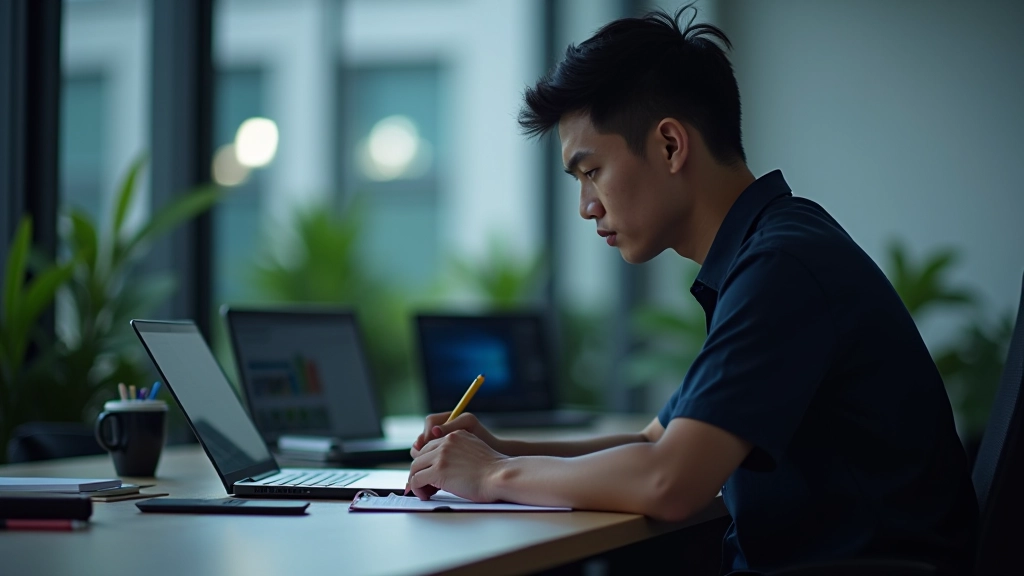 Person checking off items on a testing checklist with laptop and mobile devices nearby on desk