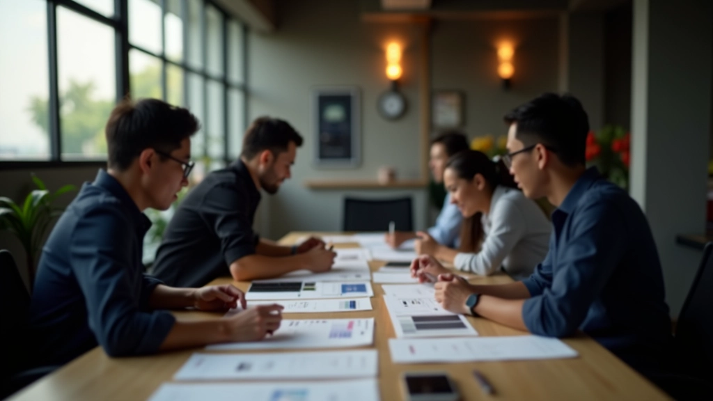 Design team collaboration session discussing dark mode interface specifications and color standards